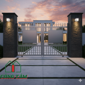 Cổng inox 2 cánh kết hợp pano